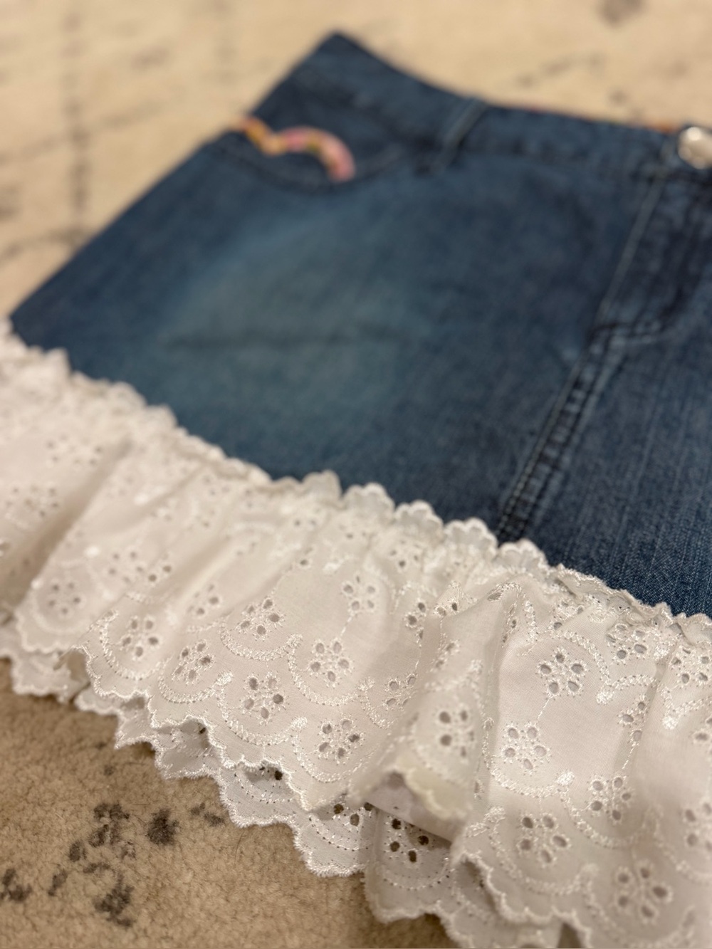 Victoria's Secret Y2K Blue Denim Mini Skirt with White Eyelet Ruffle - Picture 5 of 10